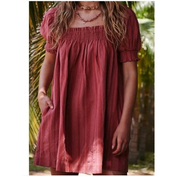 Free People Dresses & Skirts - Free People Moana Stripe Puff Sleeve Mini Dress Medium Babydoll Square Neck